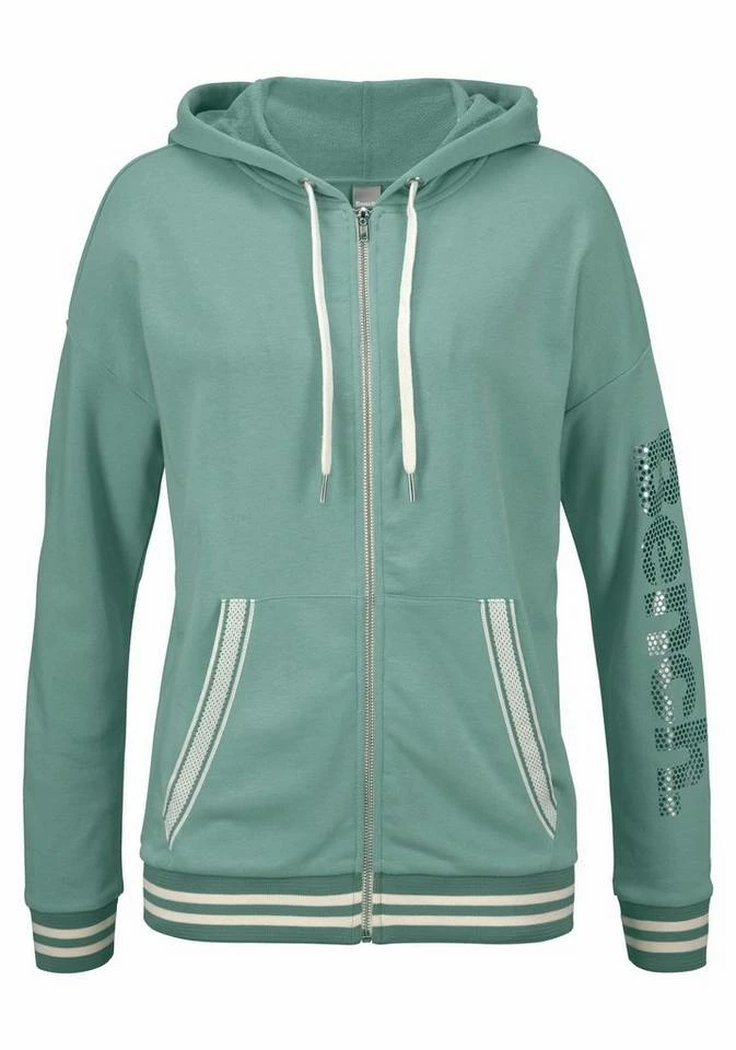 Bench. Kapuzensweatjacke mit gestreiften Bündchen und Glanzprint Grau-meliert, Apricot, Mint 2 Bench. Kapuzensweatjacke mit gestreiften Bündchen und Glanzprint Grau-meliert, Apricot, Mint – Bild 2